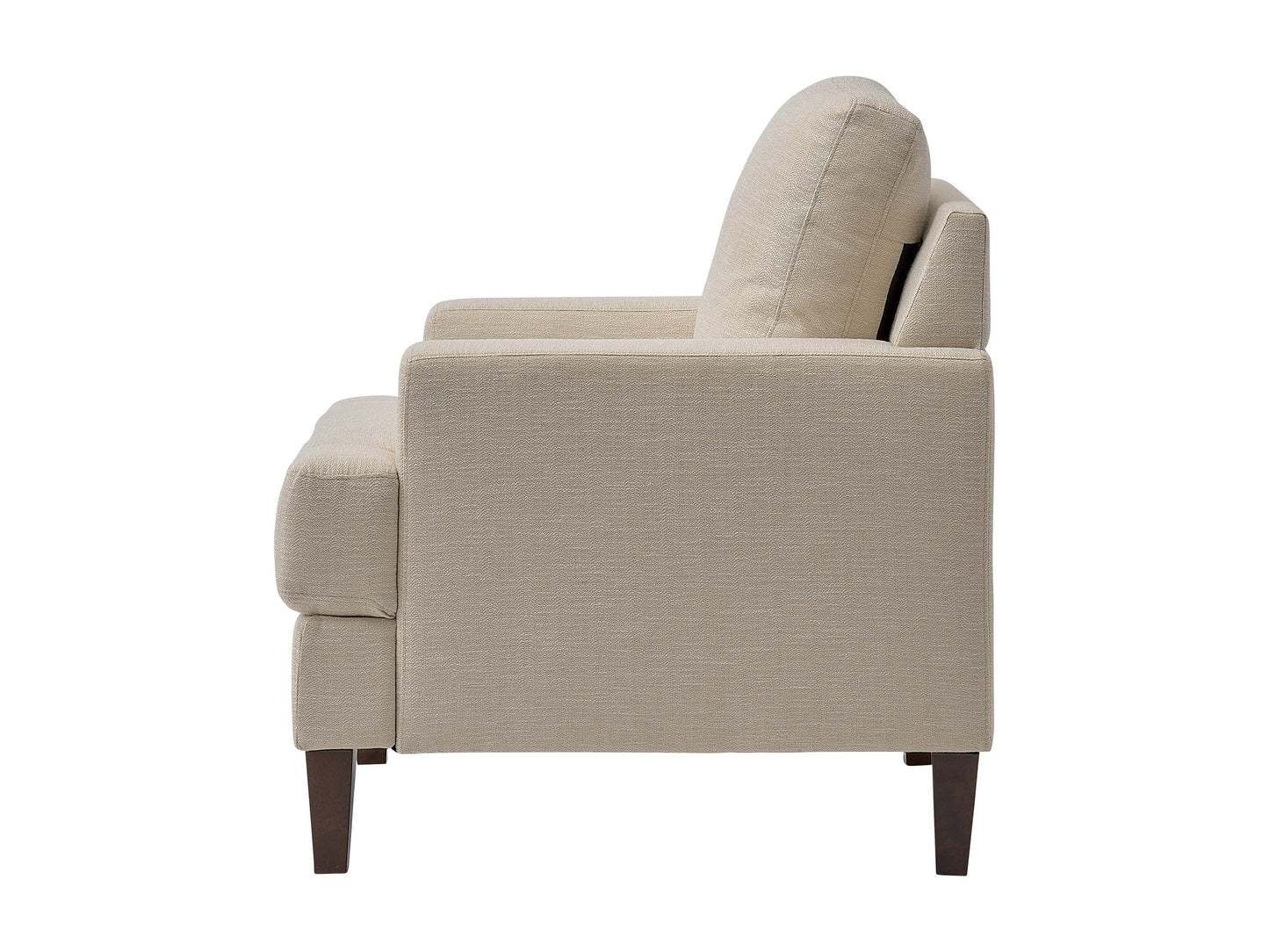 Beige mid-century armchair with wooden legs, tufted backrest, and smooth upholstery. Ideal for living rooms or offices, this stylish chair combines comfort with a retro design aesthetic.