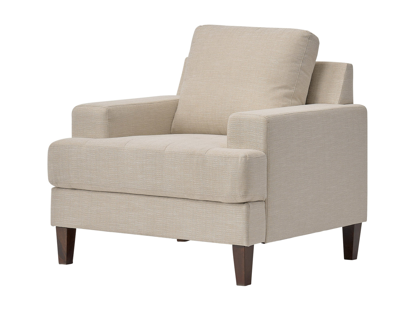 Beige mid-century armchair with wooden legs, tufted backrest, and smooth upholstery. Ideal for living rooms or offices, this stylish chair combines comfort with a retro design aesthetic.