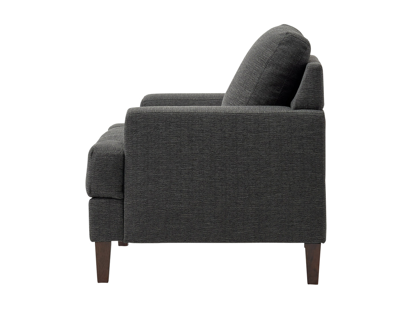 Dark grey mid-century armchair with wooden legs, upholstered in soft fabric, featuring a tufted backrest and padded seat, ideal for modern living rooms or offices.