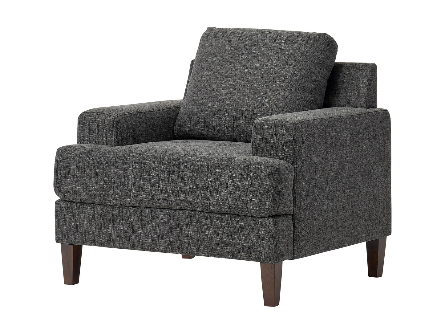 Dark grey mid-century armchair with wooden legs, upholstered in soft fabric, featuring a tufted backrest and padded seat, ideal for modern living rooms or offices.