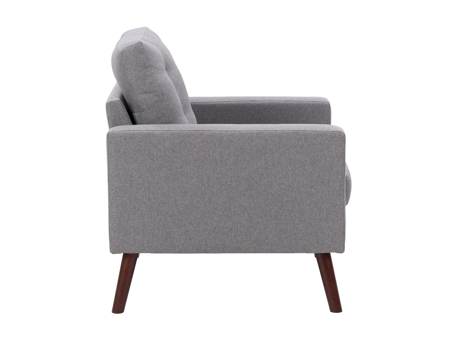 Grey tufted accent chair with wooden legs, featuring soft fabric upholstery, button-tufted backrest, and cushioned seat for comfort. Ideal for living rooms or reading nooks.