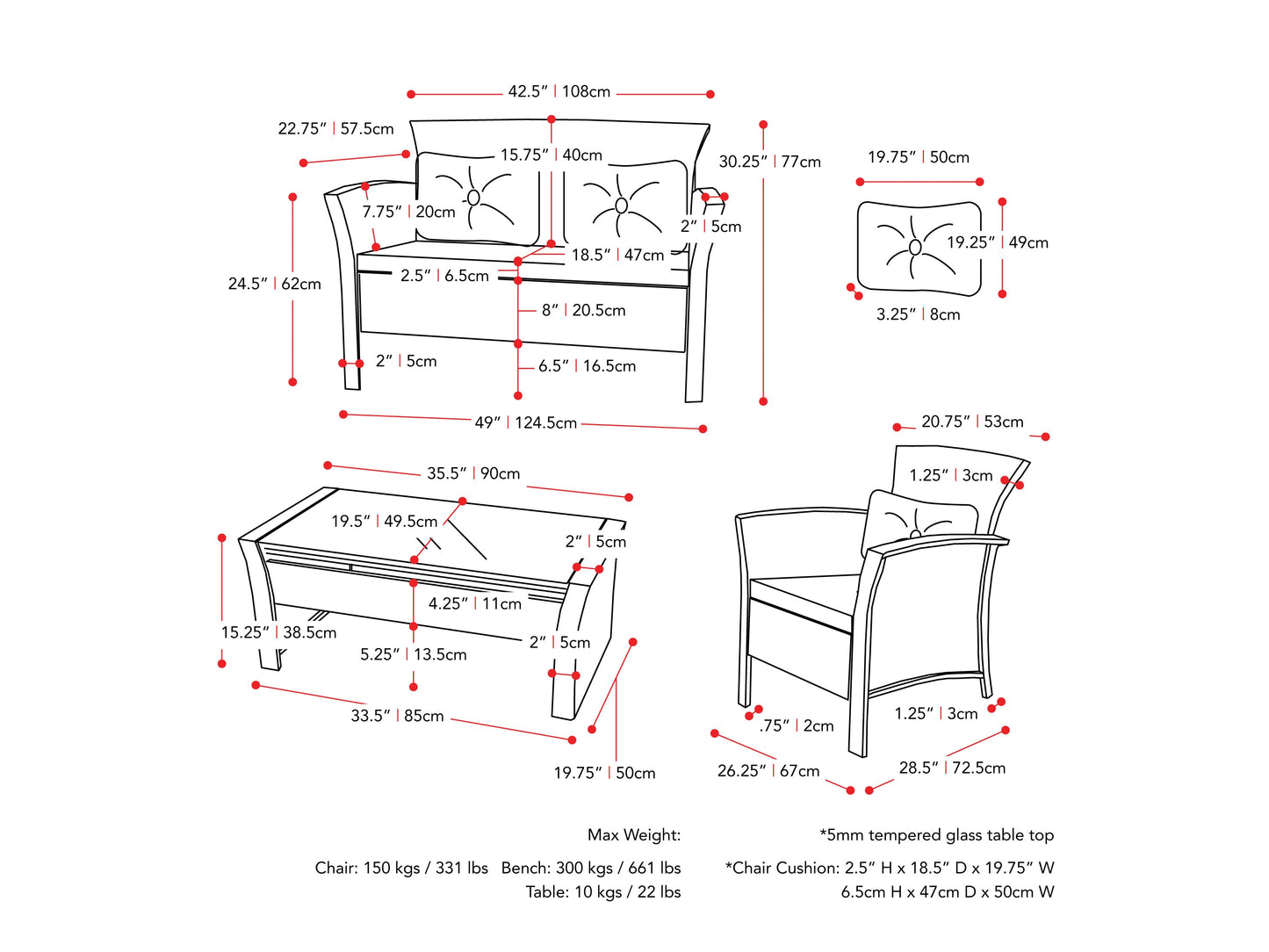 Black and grey wicker patio set, 4-piece, featuring a loveseat, two armchairs, and a glass-top coffee table, with weather-resistant cushions and a modern design suitable for outdoor spaces.