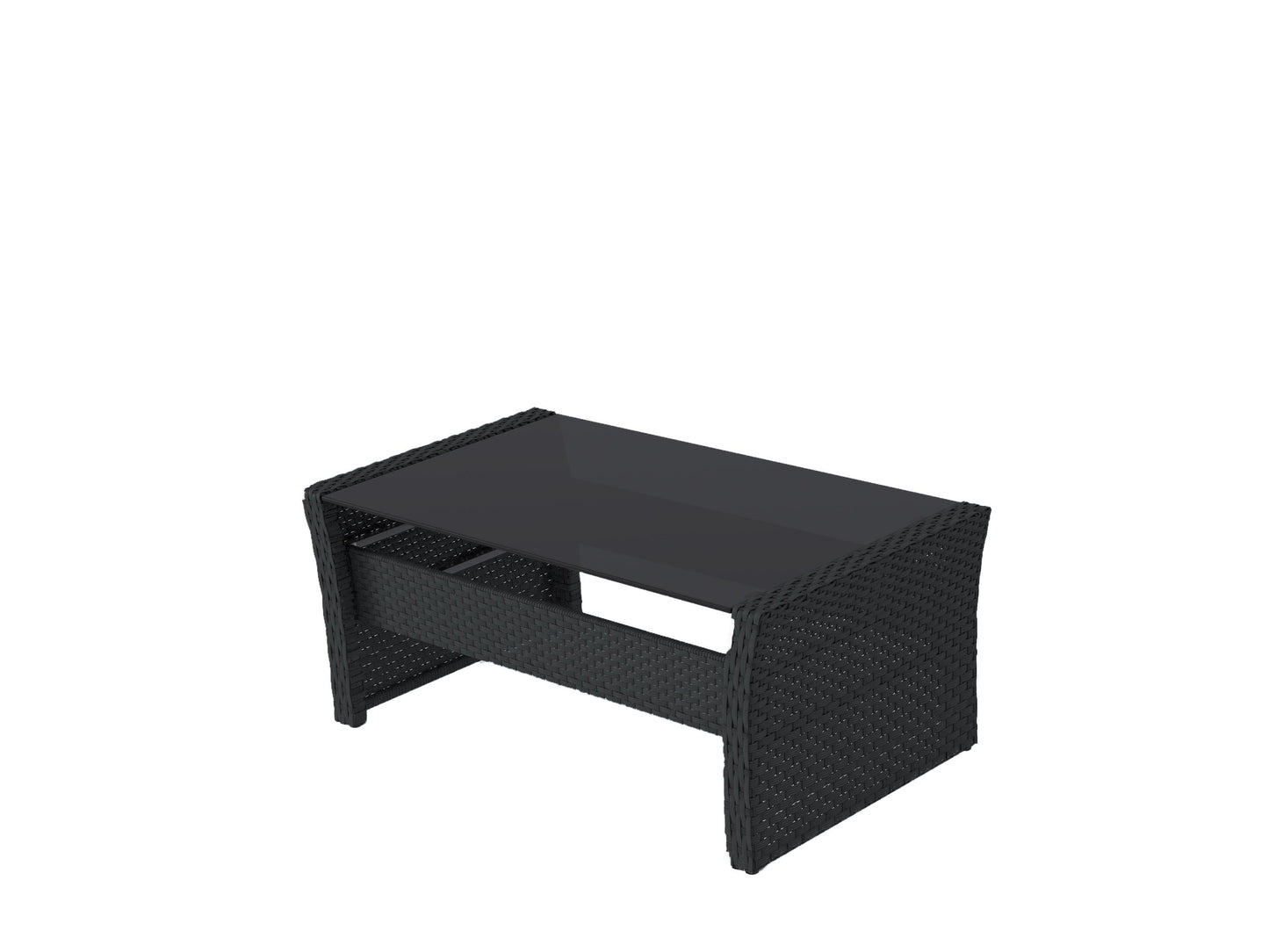 Black and grey wicker patio set, 4-piece, featuring a loveseat, two armchairs, and a glass-top coffee table, with weather-resistant cushions and a modern design suitable for outdoor spaces.