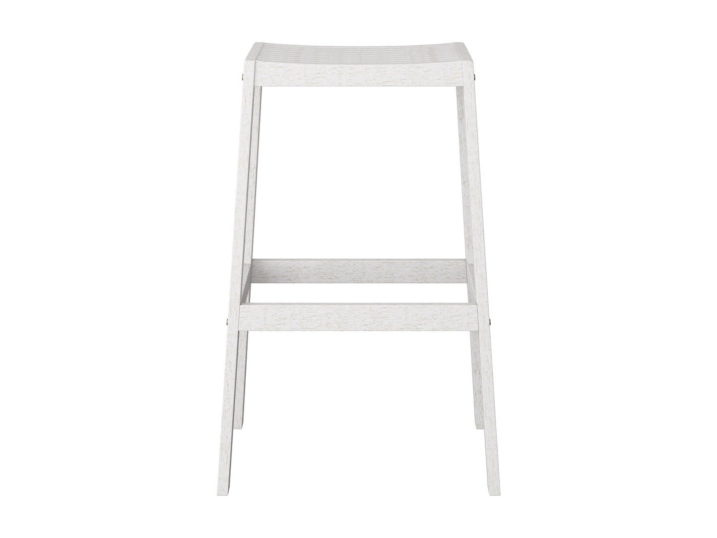 Set of 2 natural wood patio bar stools in washed white finish with slatted backrests and contoured seats for outdoor use.