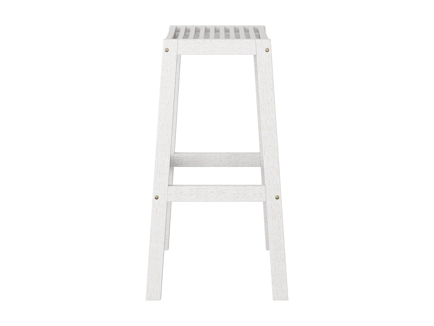 Set of 2 natural wood patio bar stools in washed white finish with slatted backrests and contoured seats for outdoor use.
