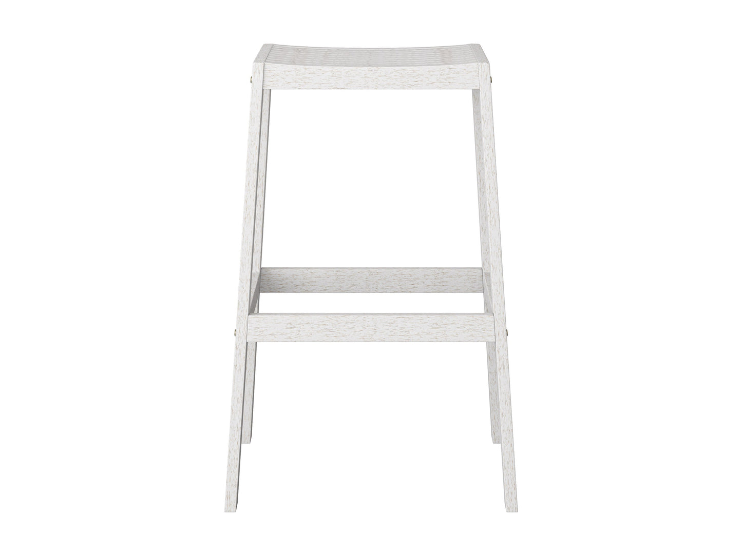 Set of 2 natural wood patio bar stools in washed white finish with slatted backrests and contoured seats for outdoor use.