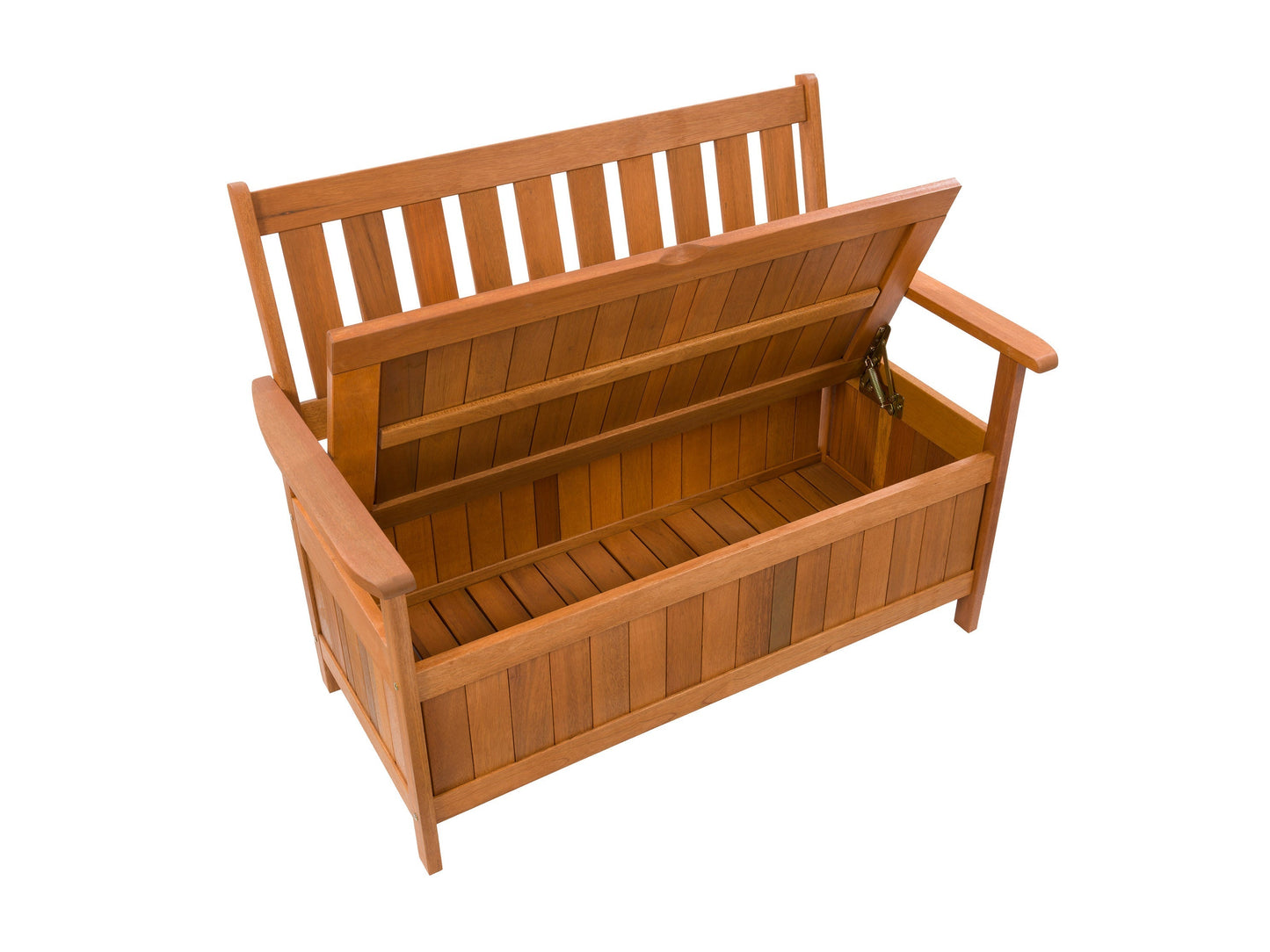 Brown wooden patio storage bench with slatted backrest, armrests, and spacious storage compartment beneath the seat. Perfect for outdoor seating and storage solutions.