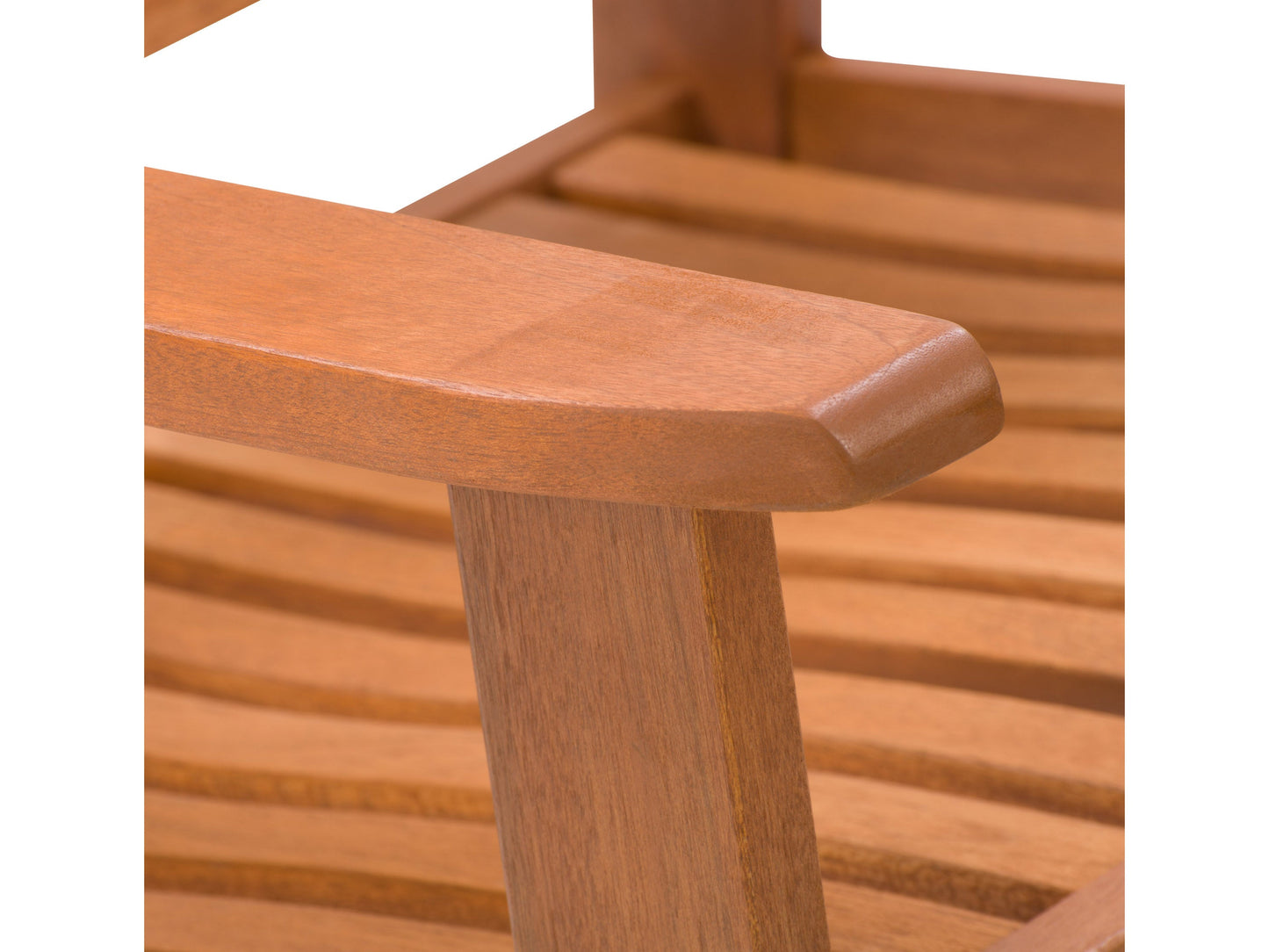 Brown outdoor rocking chair with curved wooden slats, ergonomic armrests, and sturdy frame. Ideal for patios and gardens, providing comfortable seating with a classic rustic design.
