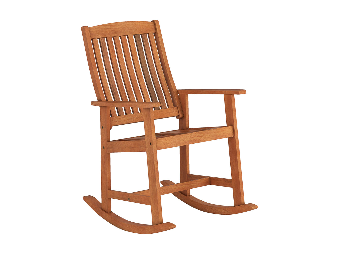 Brown outdoor rocking chair with curved wooden slats, ergonomic armrests, and sturdy frame. Ideal for patios and gardens, providing comfortable seating with a classic rustic design.