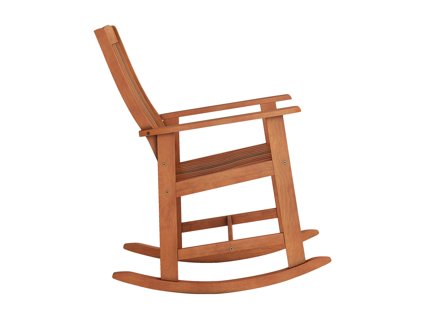 Brown outdoor rocking chair with curved wooden slats, ergonomic armrests, and sturdy frame. Ideal for patios and gardens, providing comfortable seating with a classic rustic design.