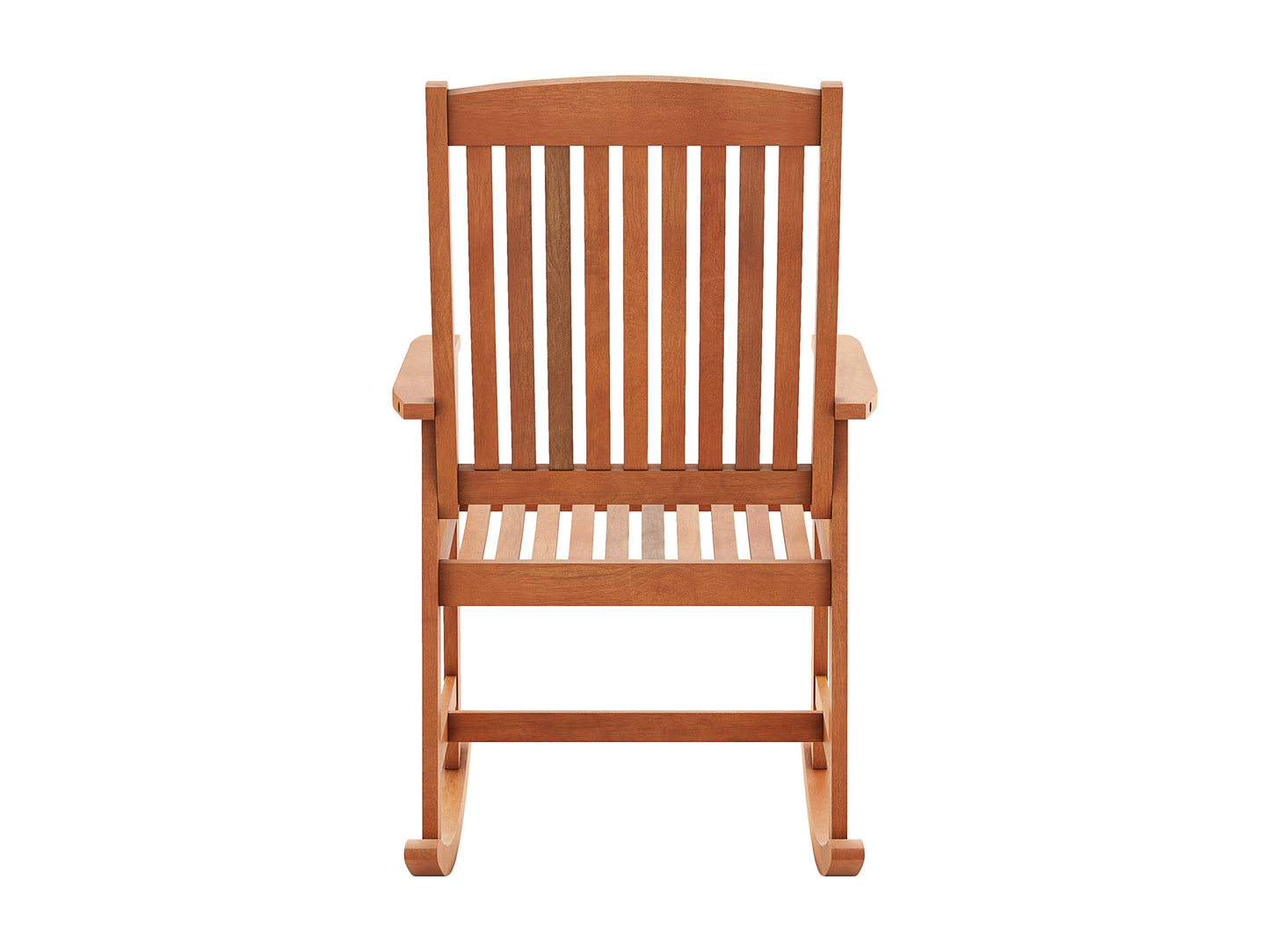 Brown outdoor rocking chair with curved wooden slats, ergonomic armrests, and sturdy frame. Ideal for patios and gardens, providing comfortable seating with a classic rustic design.