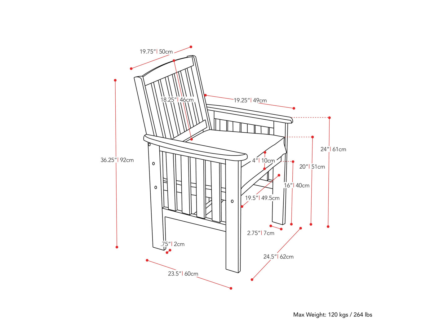 Brown wooden patio armchair set of 2 with slatted backrests, armrests, and cushioned seats, perfect for outdoor use. Durable teak wood construction with natural finish, ideal for garden, porch, or balcony seating.