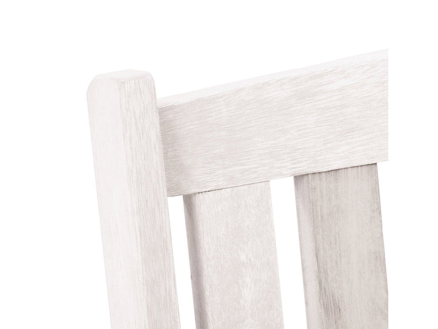 Washed white wood patio bench with backrest, featuring slatted seat and back, sturdy armrests, and weather-resistant finish, perfect for outdoor seating.