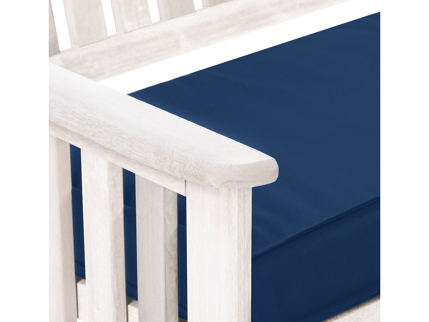 Washed white wood patio bench with backrest, featuring slatted seat and back, sturdy armrests, and weather-resistant finish, perfect for outdoor seating.