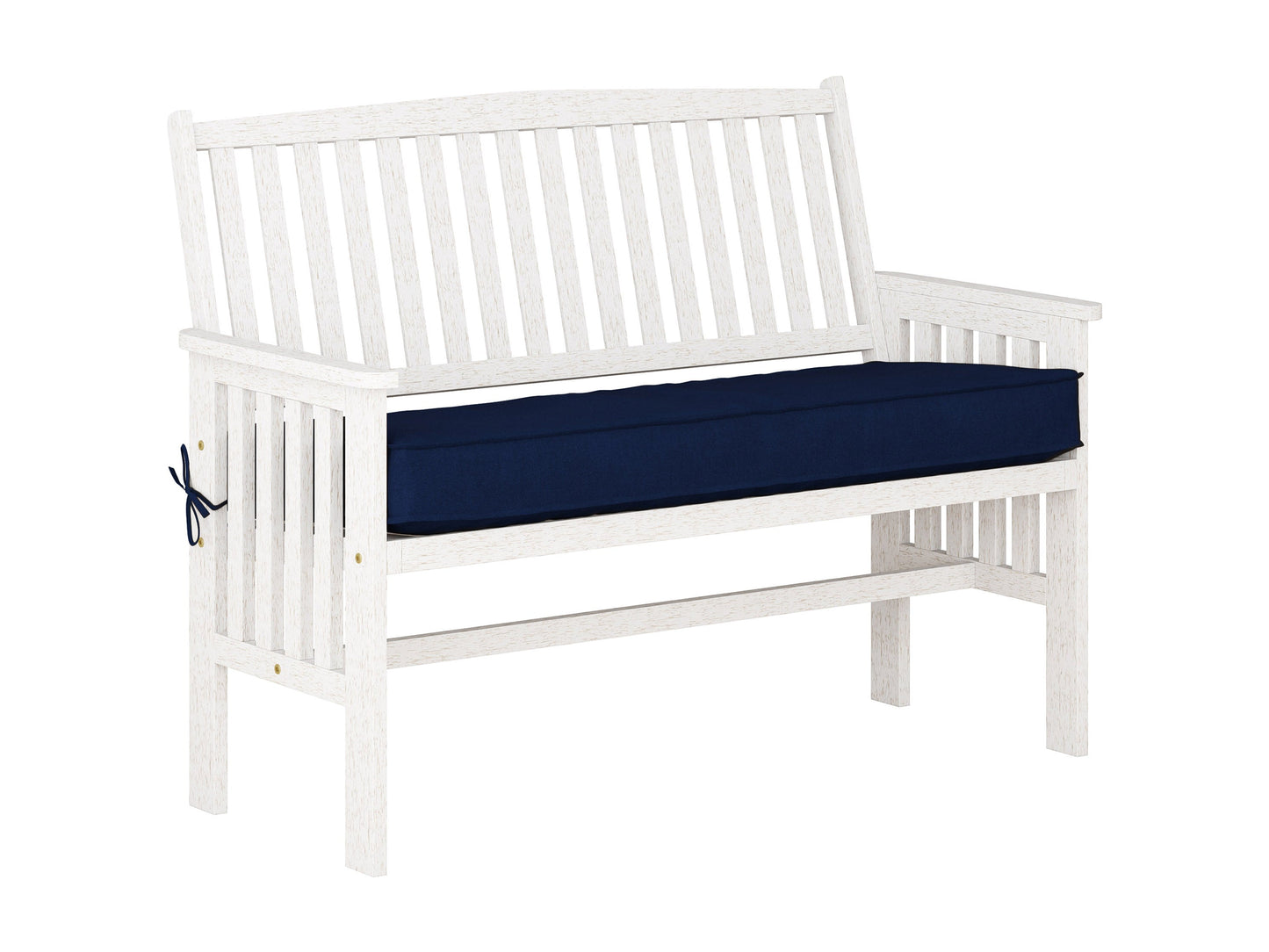 Washed white wood patio bench with backrest, featuring slatted seat and back, sturdy armrests, and weather-resistant finish, perfect for outdoor seating.