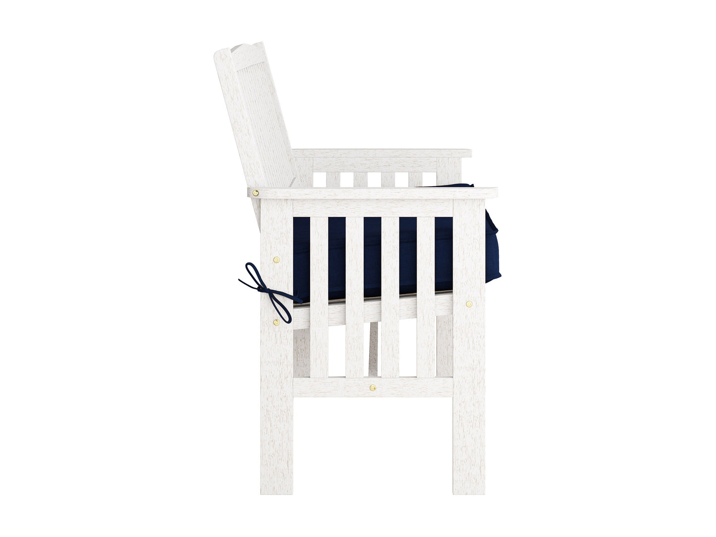 Washed white wood patio bench with backrest, featuring slatted seat and back, sturdy armrests, and weather-resistant finish, perfect for outdoor seating.