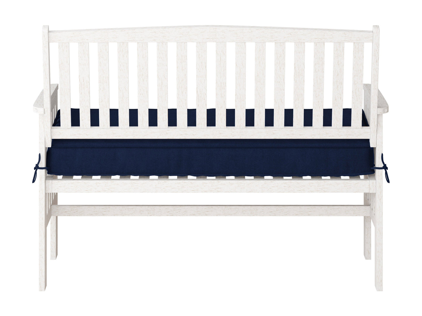 Washed white wood patio bench with backrest, featuring slatted seat and back, sturdy armrests, and weather-resistant finish, perfect for outdoor seating.