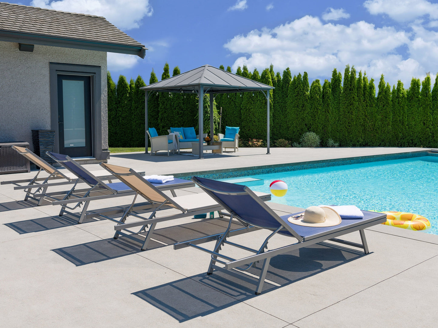 Blue patio recliner lounge chair with plush cushioning, ergonomic design, and durable metal frame. Features adjustable backrest and weather-resistant fabric, perfect for outdoor relaxation.