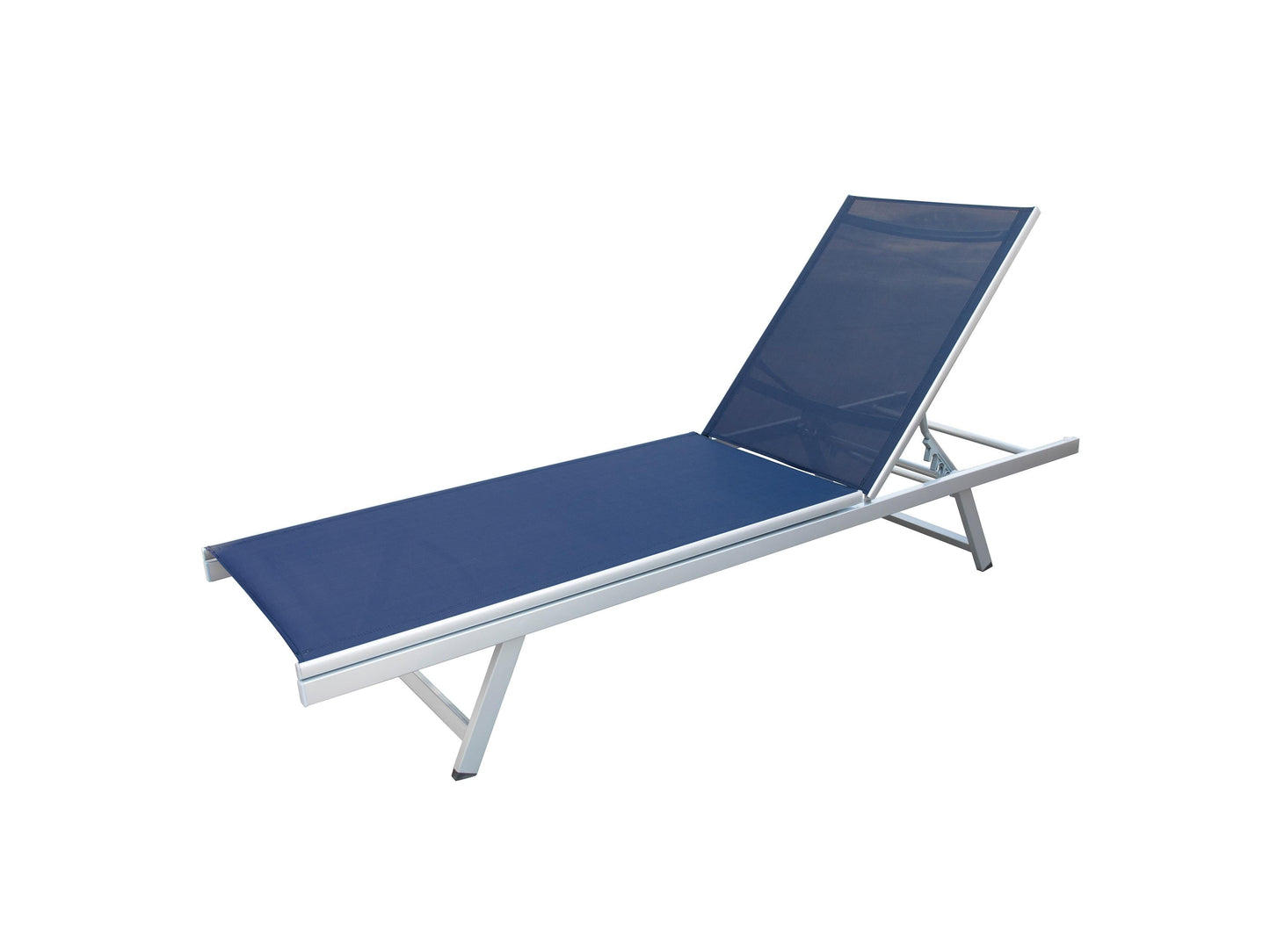 Blue patio recliner lounge chair with plush cushioning, ergonomic design, and durable metal frame. Features adjustable backrest and weather-resistant fabric, perfect for outdoor relaxation.