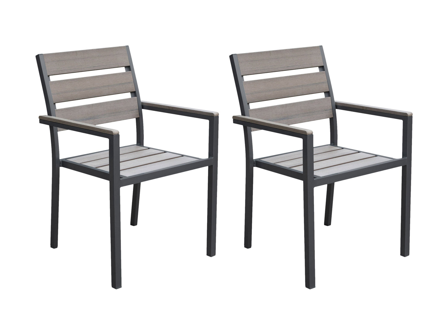 Set of 2 charcoal grey patio dining chairs with metal frames and weather-resistant cushions, featuring a modern, sleek design perfect for outdoor dining areas.