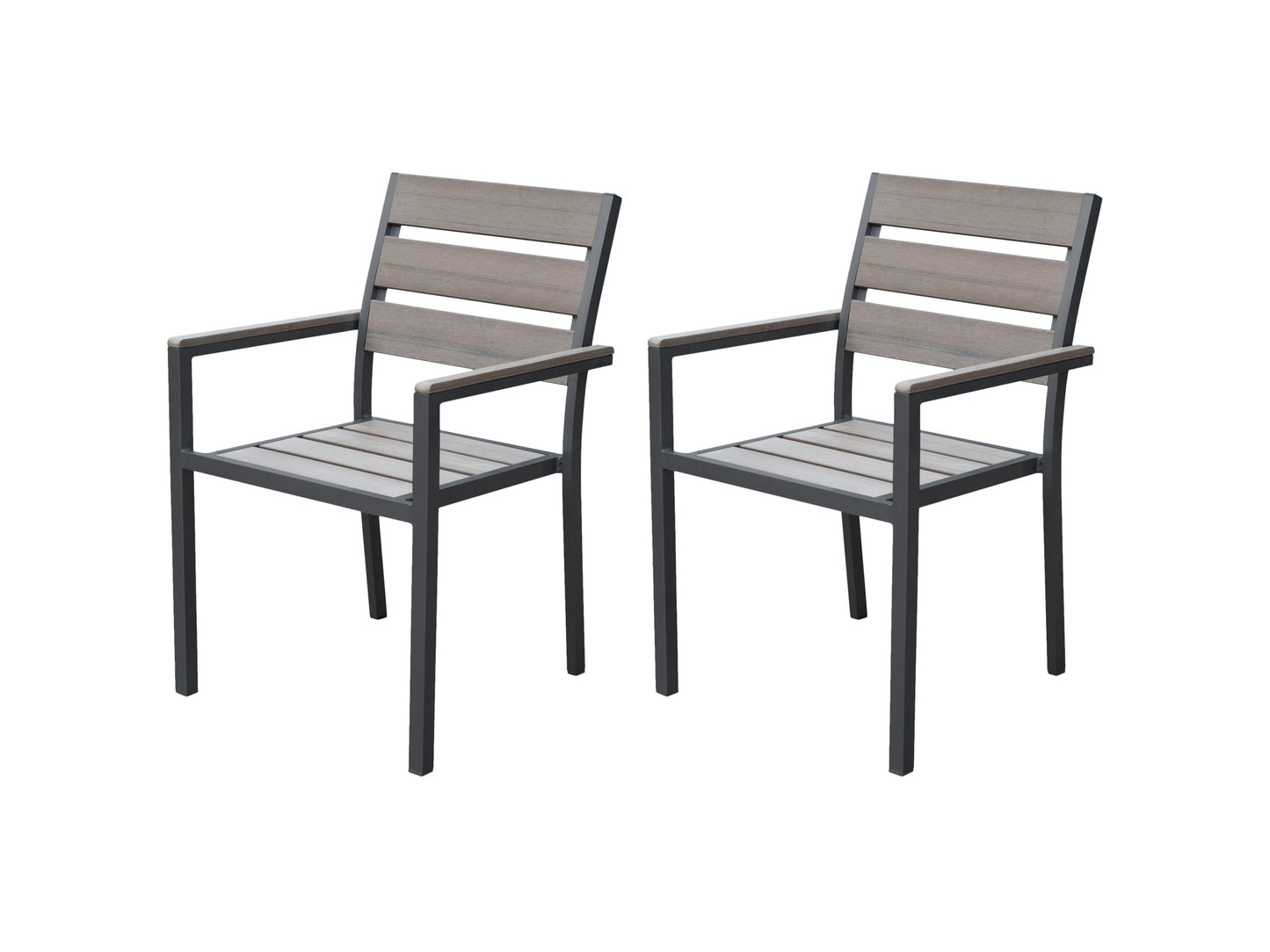 Set of 2 charcoal grey patio dining chairs with metal frames and weather-resistant cushions, featuring a modern, sleek design perfect for outdoor dining areas.
