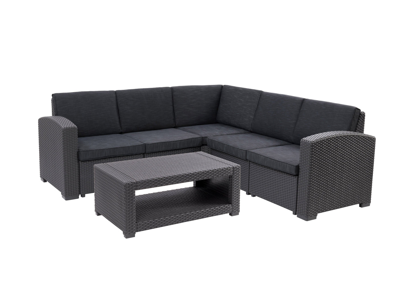 Black outdoor wicker sectional set, 6-piece, includes cushioned seats and a glass-top coffee table, featuring durable wicker material and weather-resistant cushions, ideal for patio or garden lounging.