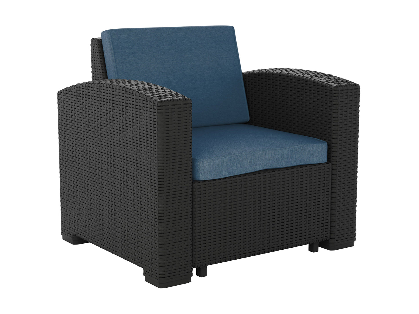 Blue outdoor patio chair with cushioned seat and backrest, featuring a sturdy metal frame and armrests, perfect for garden or balcony relaxation.