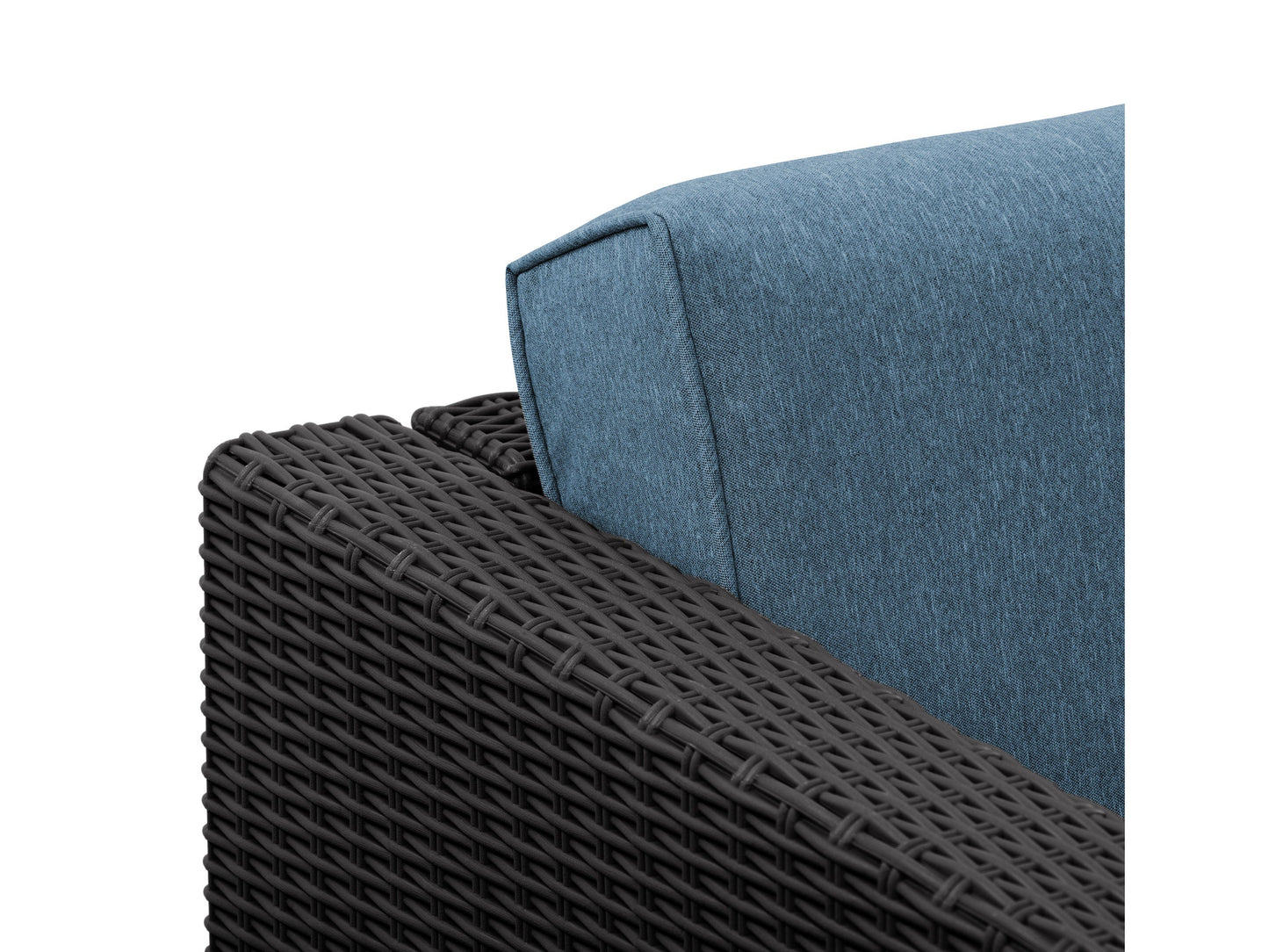 5-piece patio conversation set with black metal frame, blue cushioned chairs, and a matching coffee table featuring a tempered glass top, perfect for outdoor lounging and entertaining.