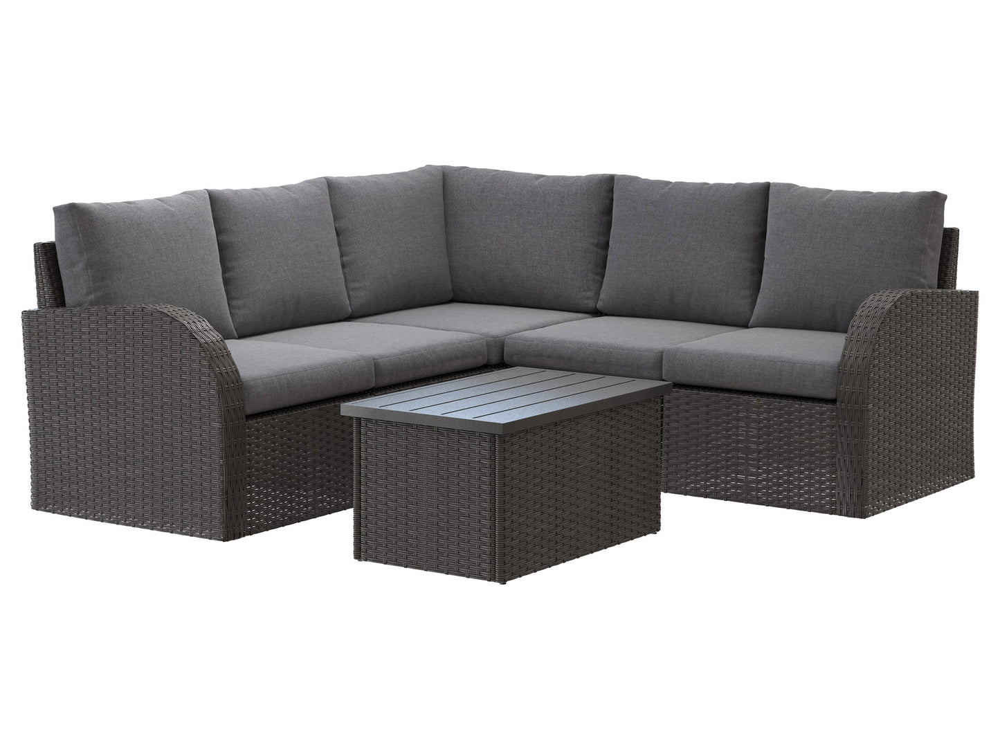 Alt text: Grey outdoor wicker sectional set with six pieces, featuring durable wicker material, weather-resistant cushions, and a modern design perfect for patios and outdoor spaces.