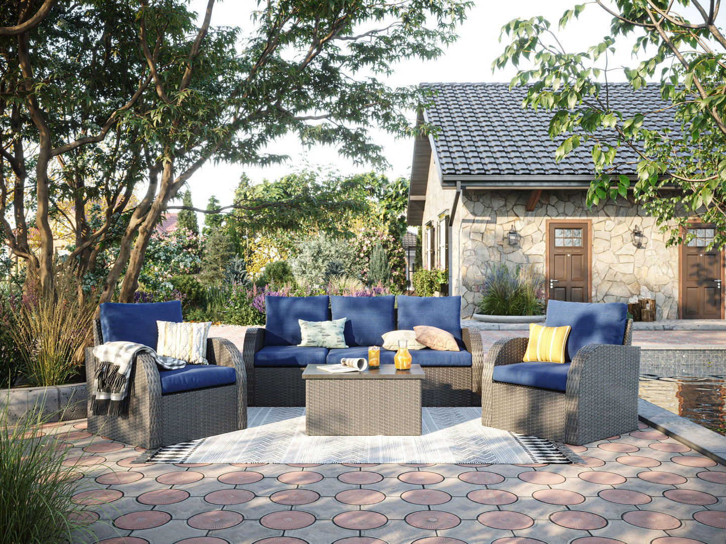 Blue outdoor sectional patio chair with right armrest, featuring weather-resistant cushions and a sturdy aluminum frame. Ideal for comfortable and stylish outdoor seating in gardens, patios, or decks.