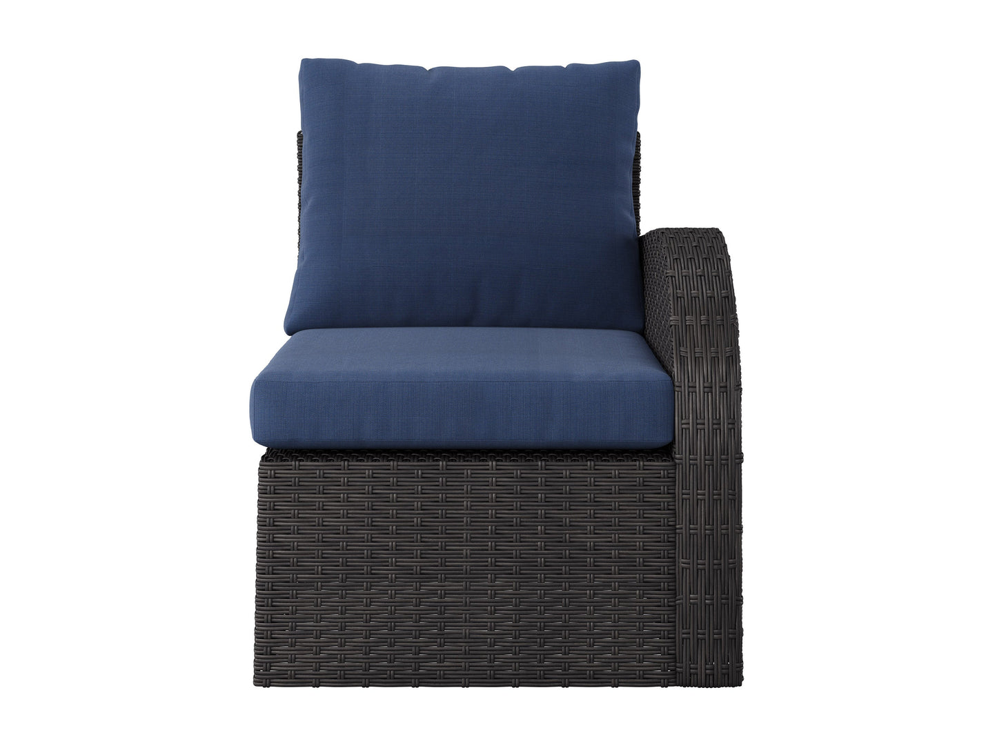 Blue outdoor sectional patio chair with right armrest, featuring weather-resistant cushions and a sturdy aluminum frame. Ideal for comfortable and stylish outdoor seating in gardens, patios, or decks.