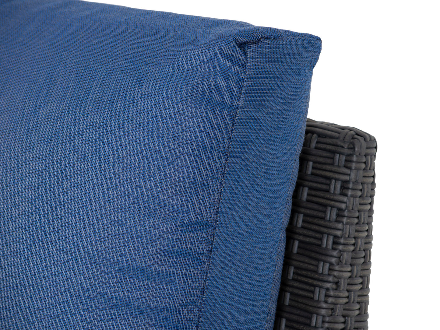 Blue outdoor wicker patio chair with cushioned seat and backrest, featuring durable woven rattan material and weather-resistant frame, perfect for garden or balcony seating.
