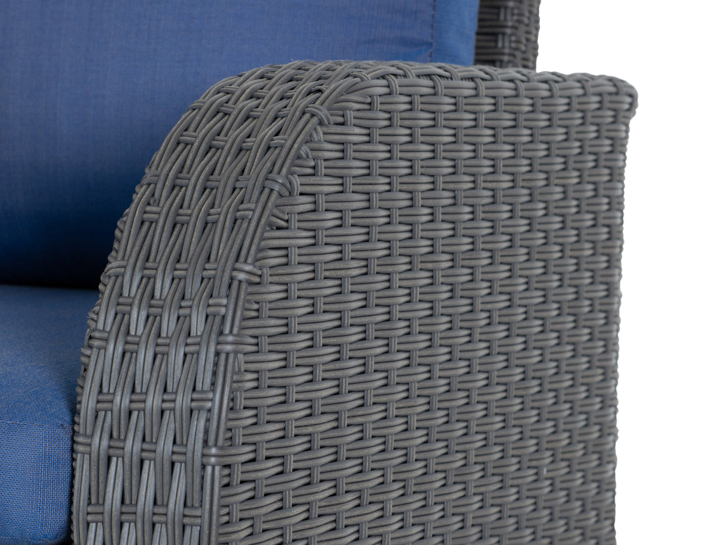 Blue outdoor wicker patio chair with cushioned seat and backrest, featuring durable woven rattan material and weather-resistant frame, perfect for garden or balcony seating.