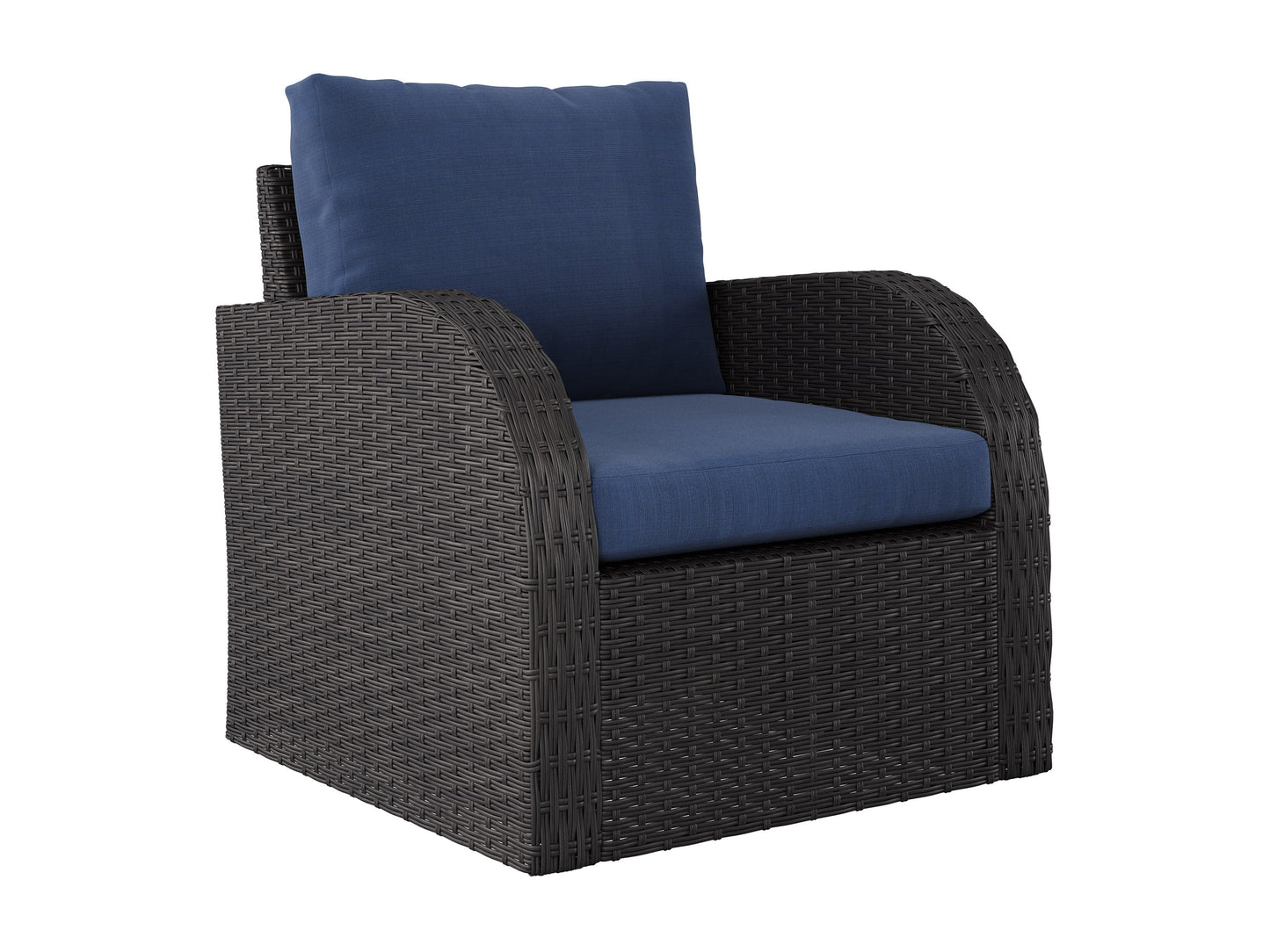Blue outdoor wicker patio chair with cushioned seat and backrest, featuring durable woven rattan material and weather-resistant frame, perfect for garden or balcony seating.