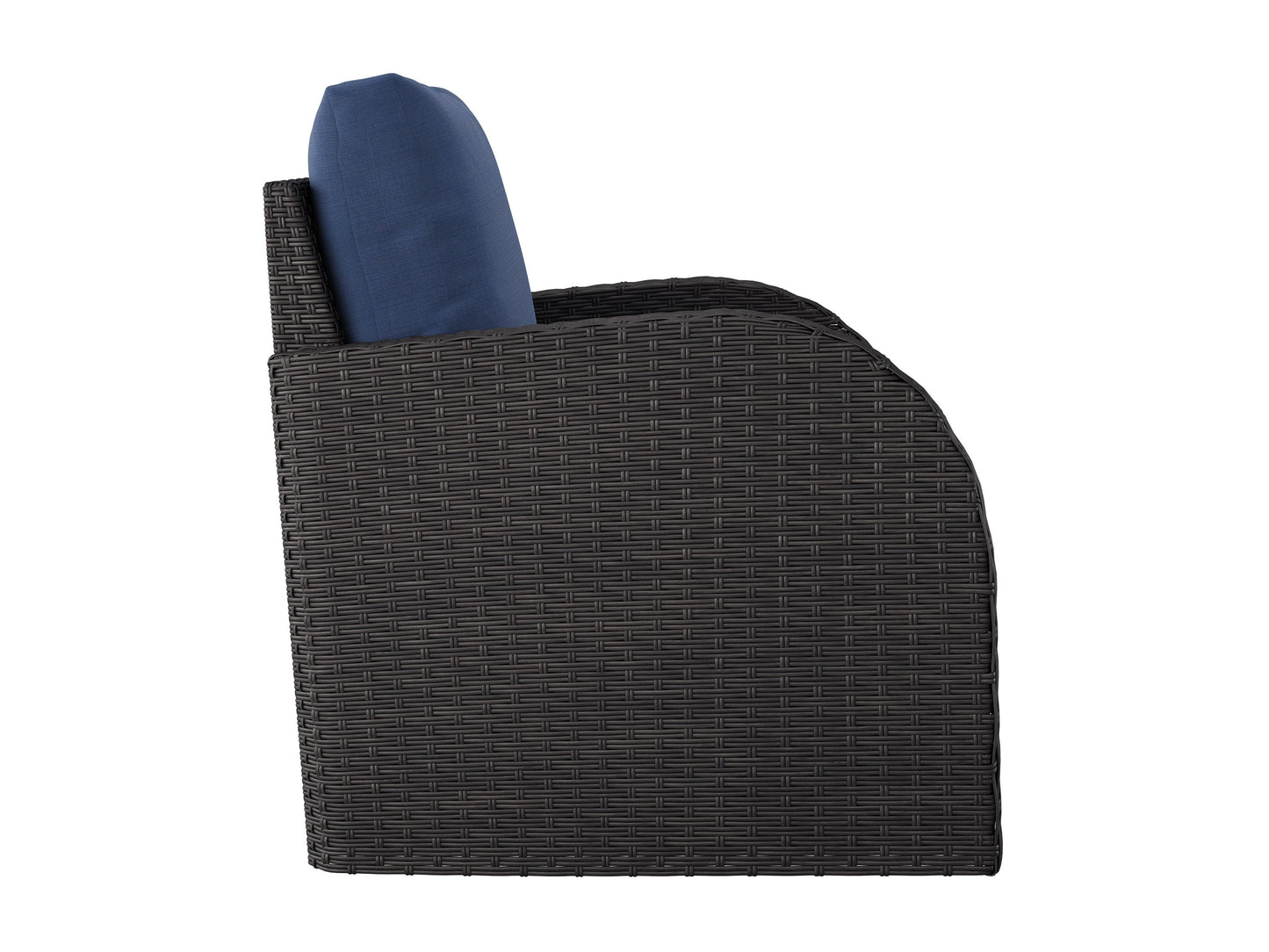Blue outdoor wicker patio chair with cushioned seat and backrest, featuring durable woven rattan material and weather-resistant frame, perfect for garden or balcony seating.