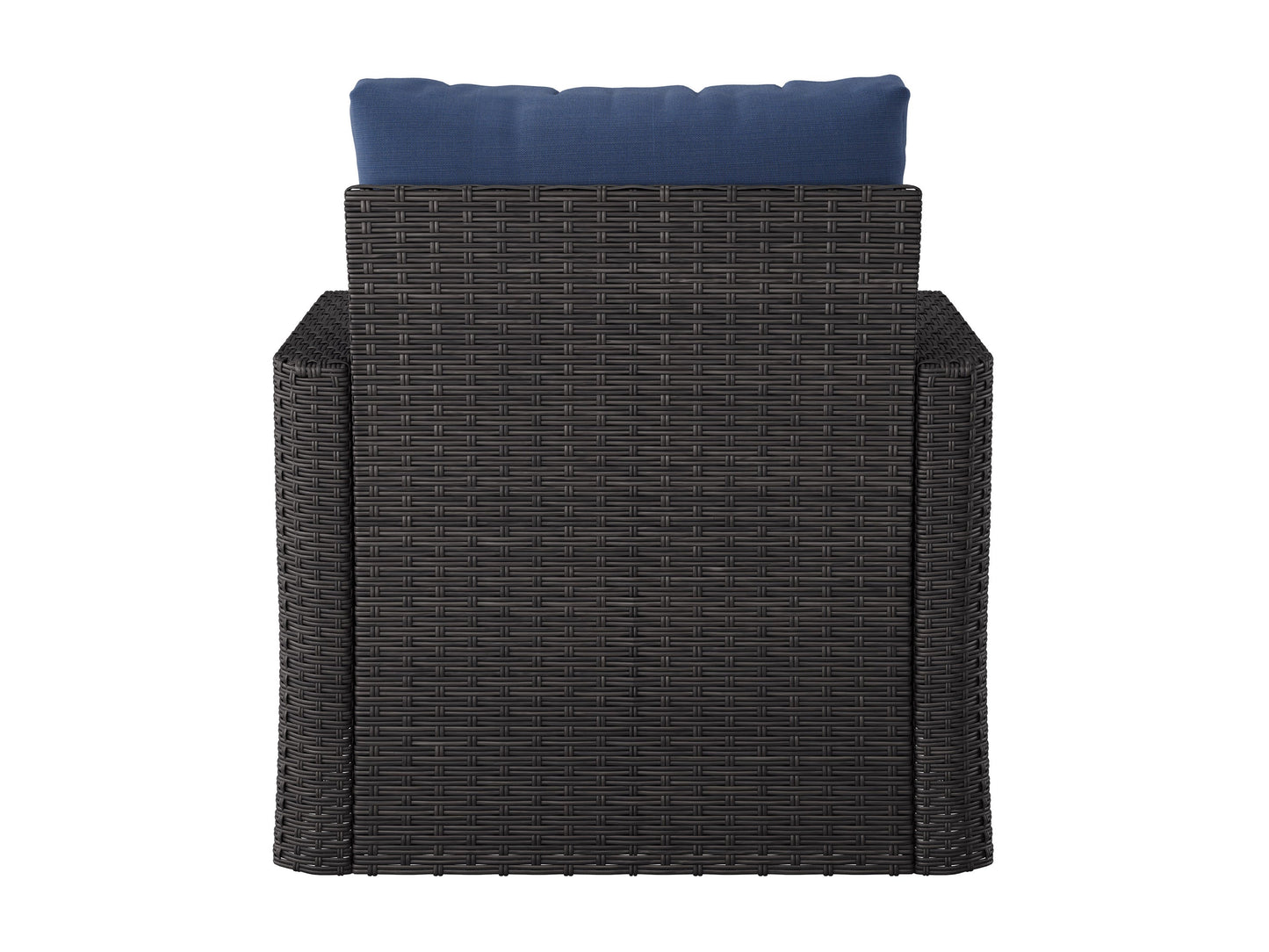 Blue outdoor wicker patio chair with cushioned seat and backrest, featuring durable woven rattan material and weather-resistant frame, perfect for garden or balcony seating.
