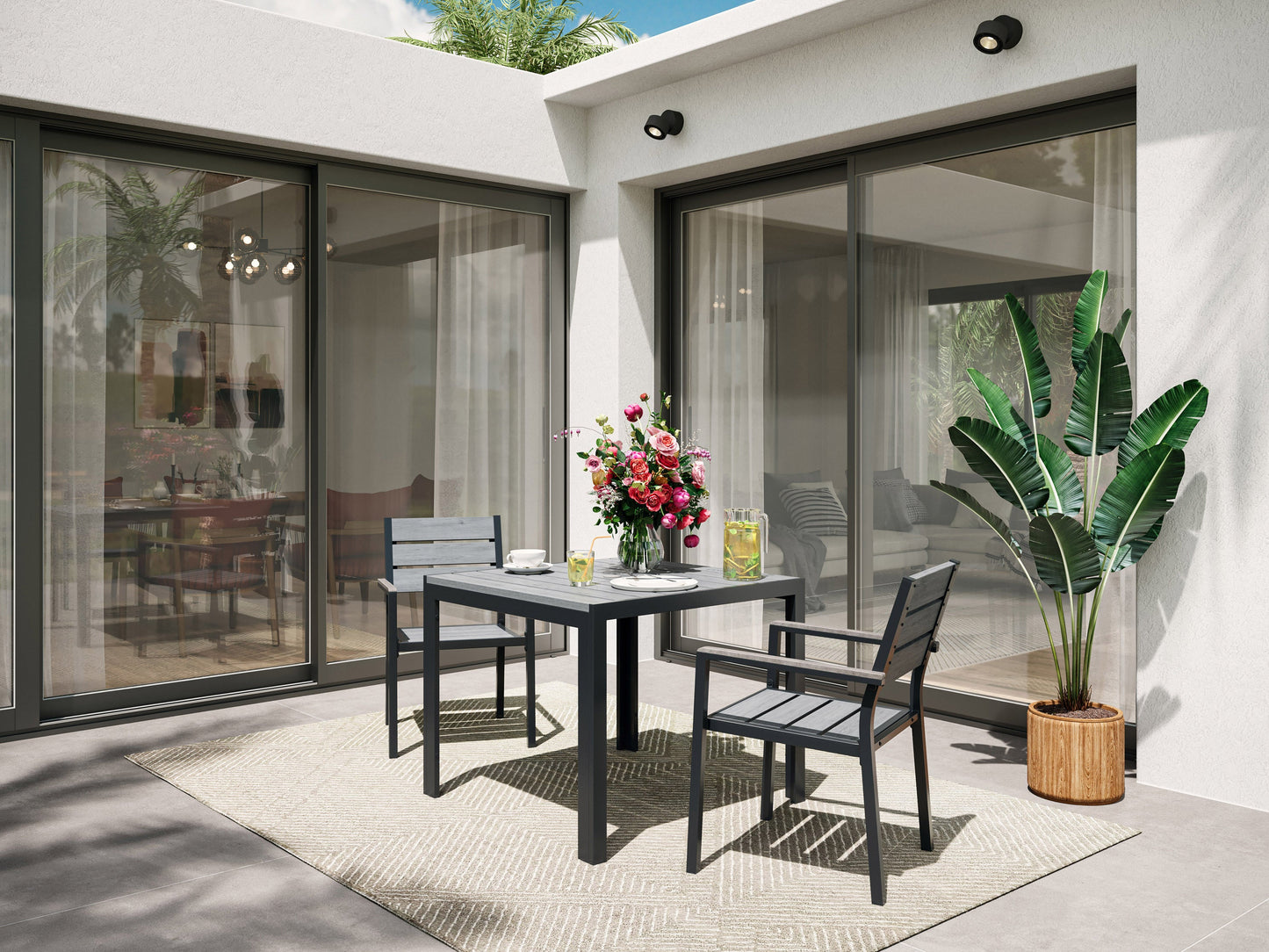 Set of 2 patio dining chairs with weather-resistant wicker, featuring beige cushions and a sturdy metal frame, perfect for outdoor dining.