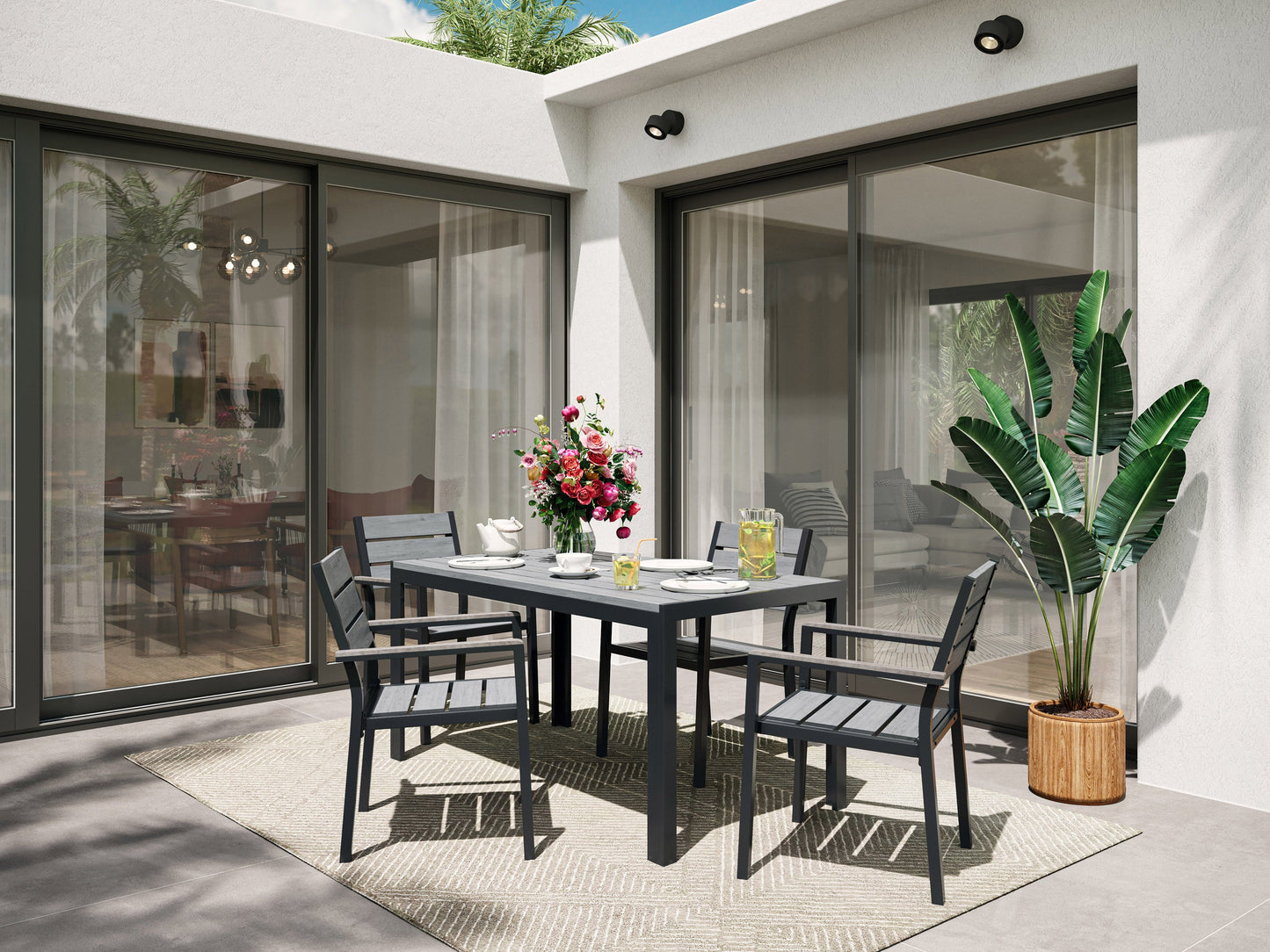 Modern outdoor dining set with a rectangular, glass-top table and four cushioned chairs in beige and brown wicker. Durable, weather-resistant materials perfect for patio or garden dining. Elegant and comfortable design.