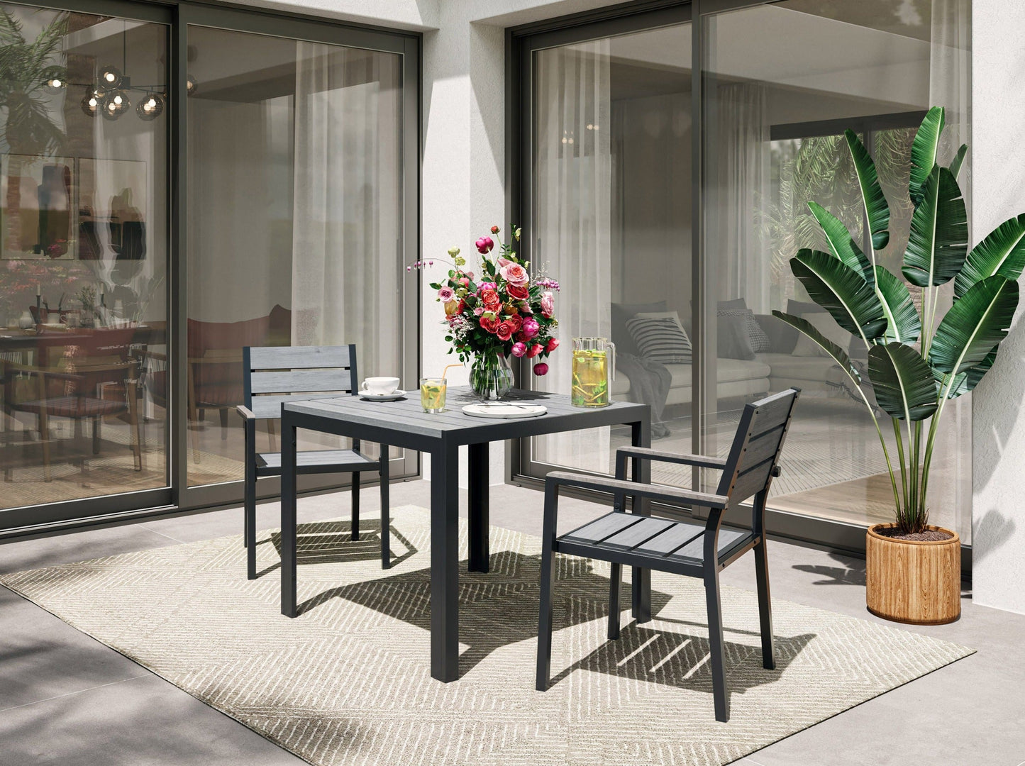 Alt Tag:
"3-piece outdoor patio dining set with a rectangular wooden table and two matching benches, featuring a natural teak finish and weather-resistant cushions, ideal for garden or backyard use."