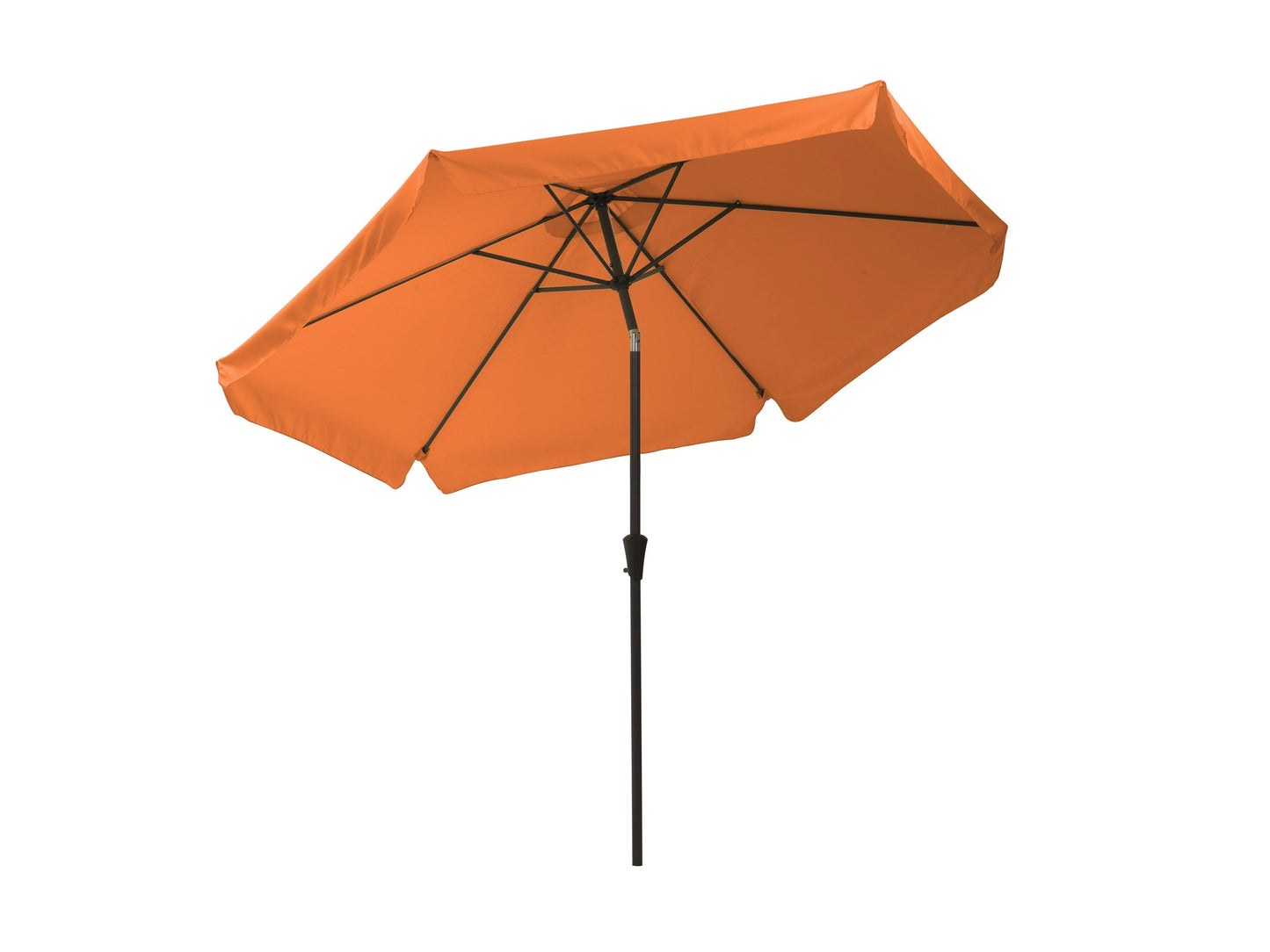 Orange 10ft round patio umbrella with tilting feature, sturdy metal frame, UV-resistant fabric, and crank lift system, providing adjustable shade for outdoor spaces like patios, gardens, and pool areas.