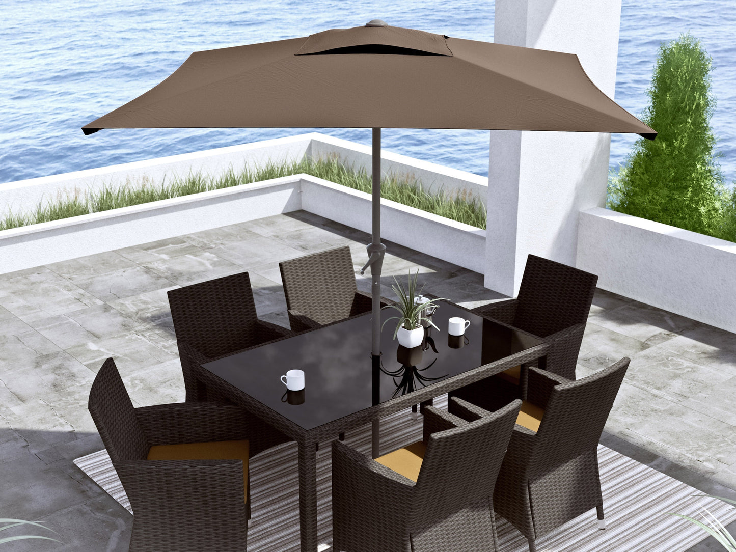 Brown 9ft square patio umbrella with tilting mechanism, featuring a durable fabric canopy and sturdy metal pole, providing ample shade for outdoor spaces. Ideal for patios, gardens, and poolside areas.