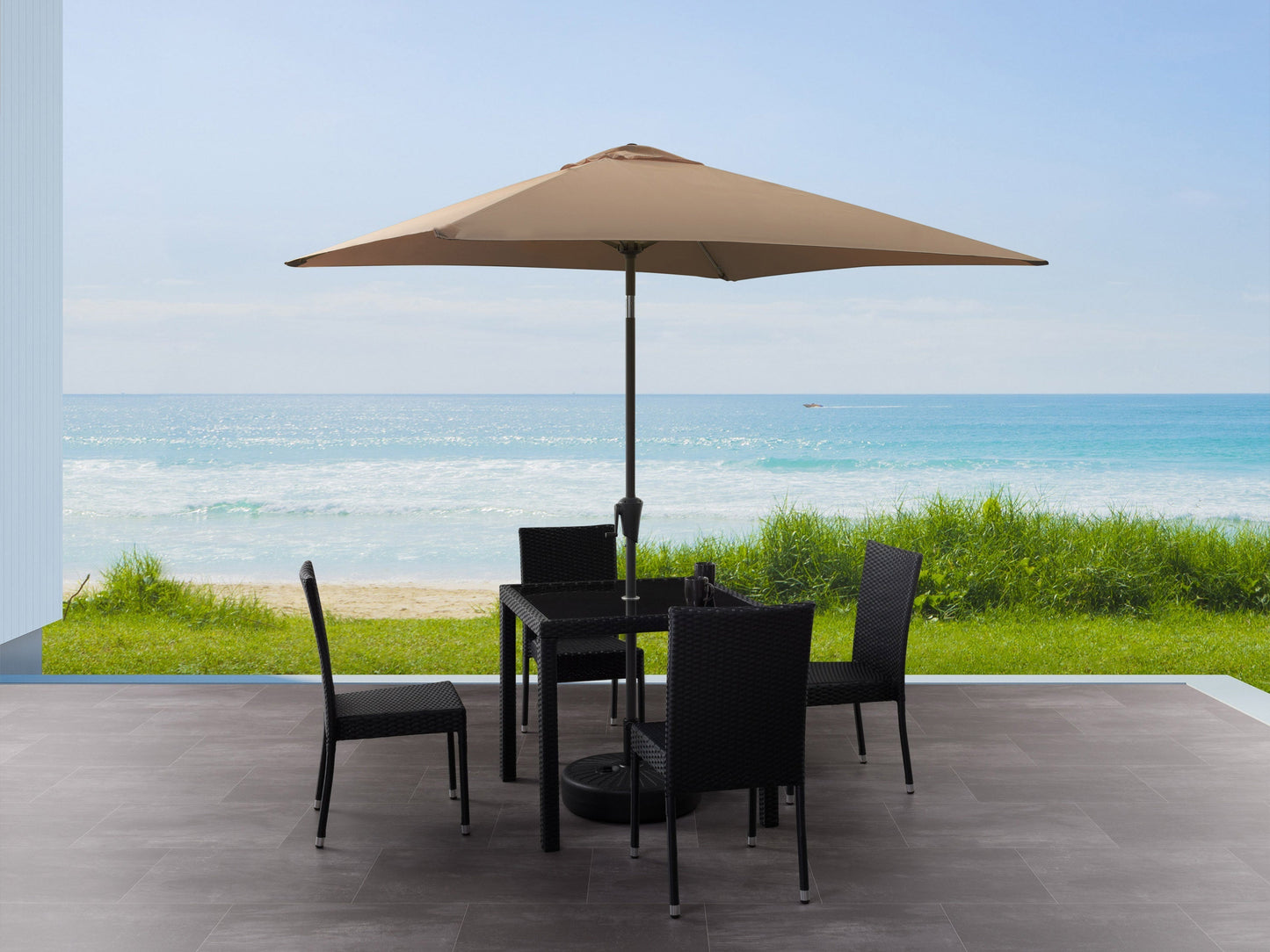 Brown 9ft square patio umbrella with tilting mechanism, featuring a durable fabric canopy and sturdy metal pole, providing ample shade for outdoor spaces. Ideal for patios, gardens, and poolside areas.