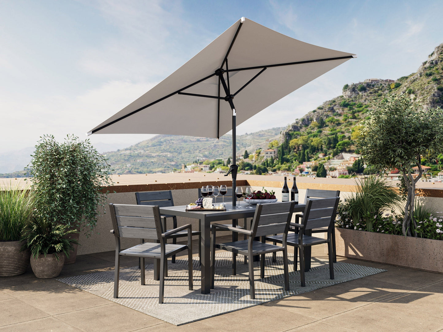 Grey 9ft square patio umbrella with tilting feature, sturdy metal frame, and weather-resistant fabric, perfect for outdoor shading on patios, decks, and gardens.