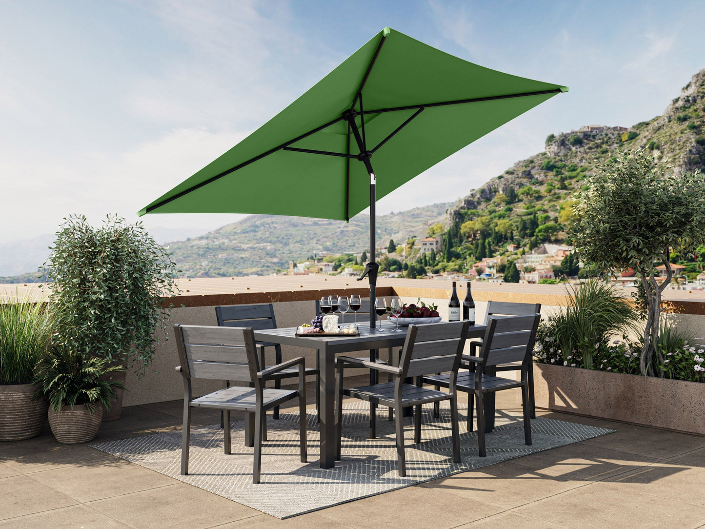 Forest green 9ft square patio umbrella with tilting mechanism, sturdy aluminum frame, UV-resistant fabric, and easy crank lift system, perfect for outdoor shade on patios and gardens.