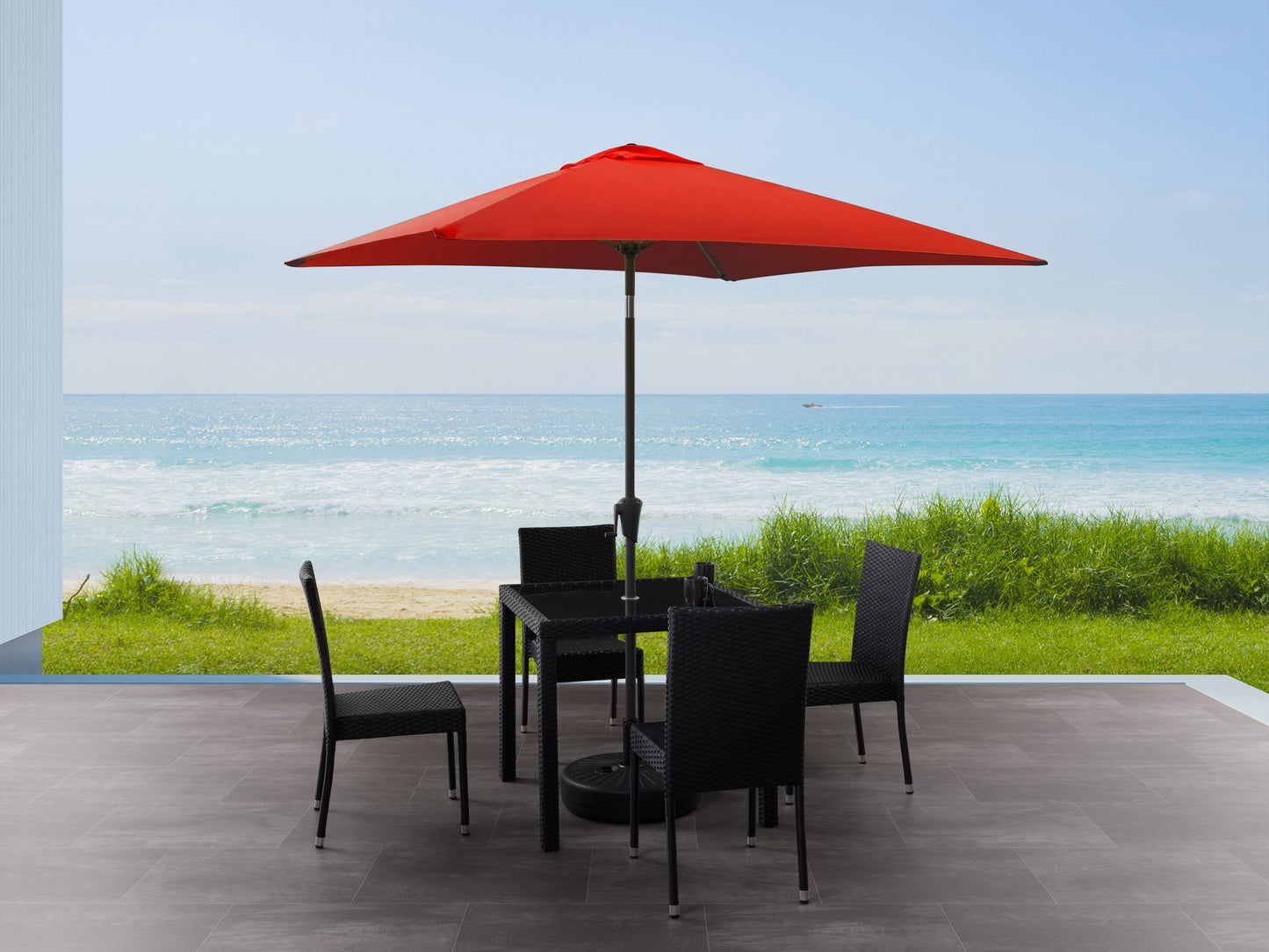 Crimson red 9ft square patio umbrella with tilting mechanism, sturdy aluminum pole, and UV-resistant fabric, perfect for outdoor shade and garden decor.