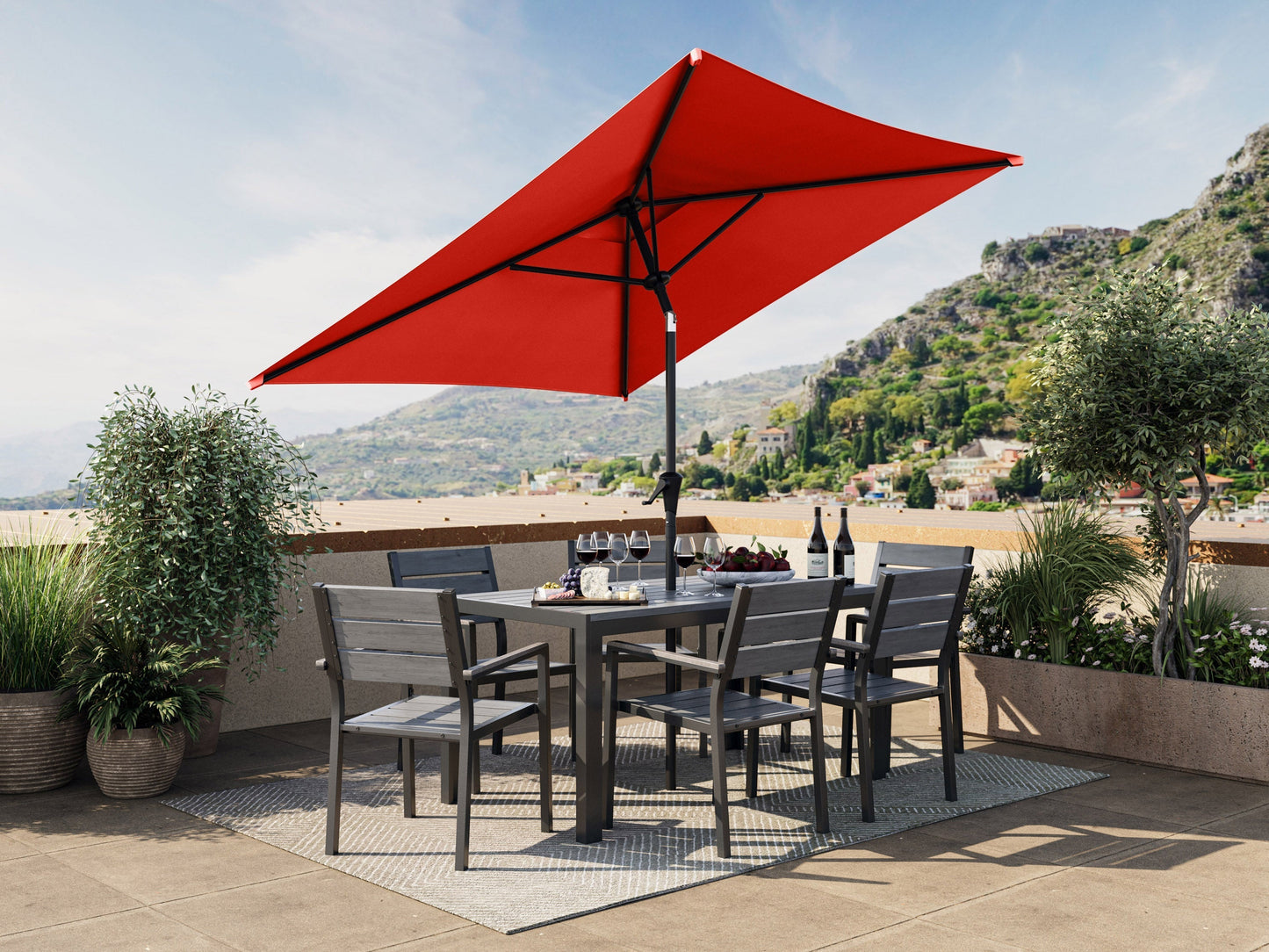 Crimson red 9ft square patio umbrella with tilting mechanism, sturdy aluminum pole, and UV-resistant fabric, perfect for outdoor shade and garden decor.