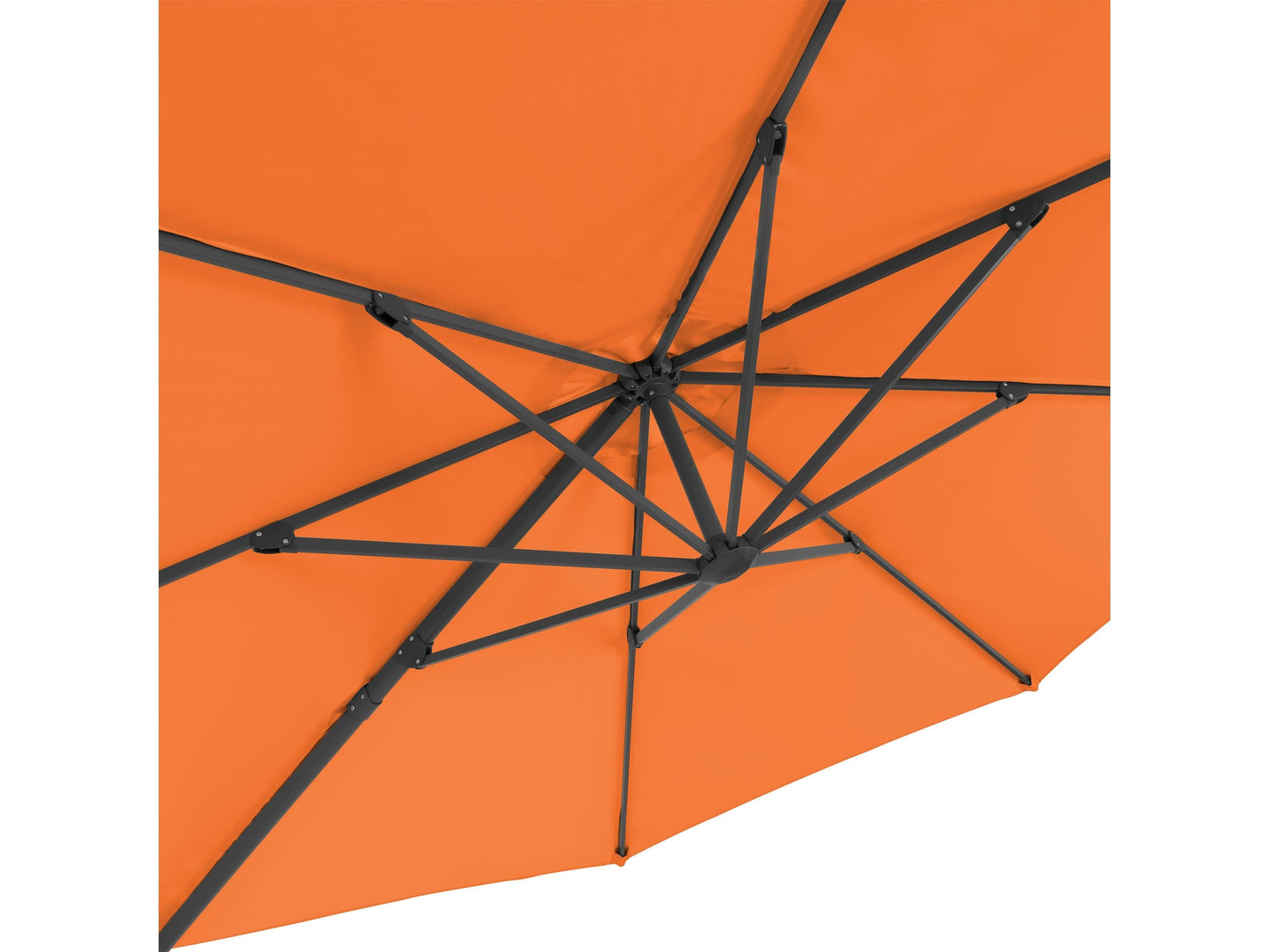 Orange 11.5ft deluxe offset patio umbrella with sturdy aluminum frame, UV-resistant fabric, and easy crank lift system, providing ample shade for outdoor seating areas. Perfect for gardens, patios, and decks.