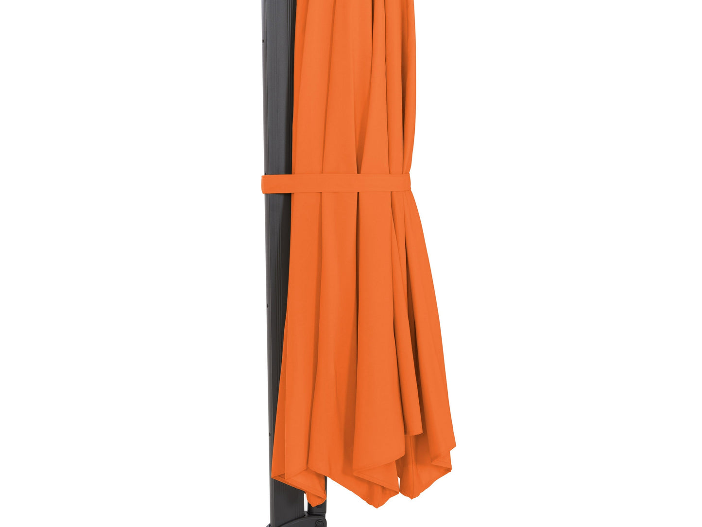 Orange 11.5ft deluxe offset patio umbrella with sturdy aluminum frame, UV-resistant fabric, and easy crank lift system, providing ample shade for outdoor seating areas. Perfect for gardens, patios, and decks.