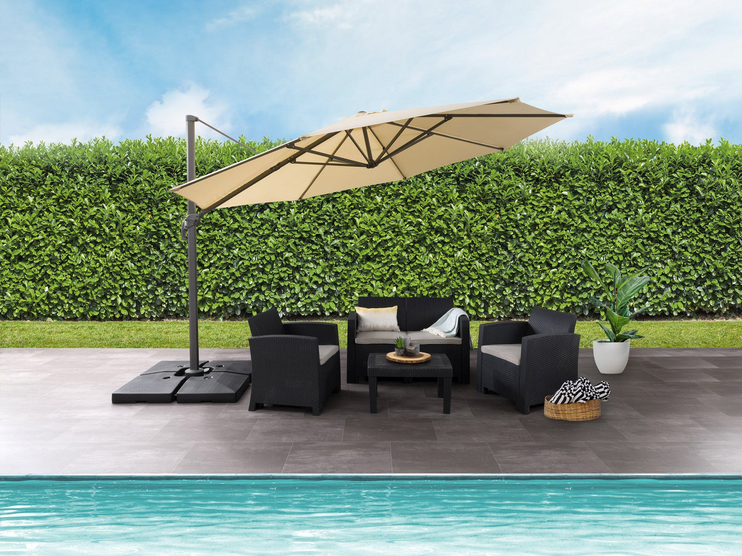 Alt Text:
"11.5ft deluxe offset patio umbrella in warm white with sturdy aluminum frame and crank lift system, providing ample shade for outdoor seating areas, perfect for patios and gardens."