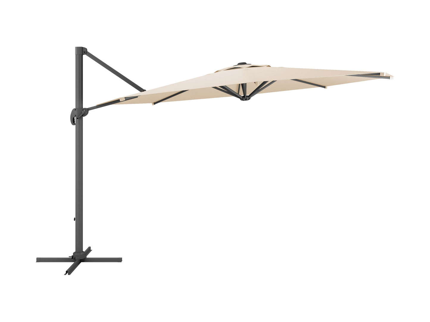 Alt Text:
"11.5ft deluxe offset patio umbrella in warm white with sturdy aluminum frame and crank lift system, providing ample shade for outdoor seating areas, perfect for patios and gardens."